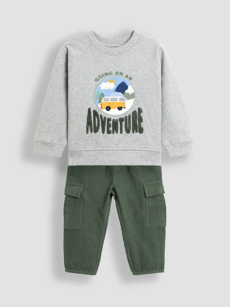 JoJo Maman Bébé Khaki Green 2-Piece Sweatshirt & Cord Cargo Set