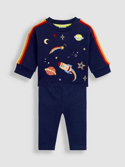 JoJo Maman Bébé Navy Blue Space 2-Piece Drop Shoulder Sweatshirt & Joggers Set