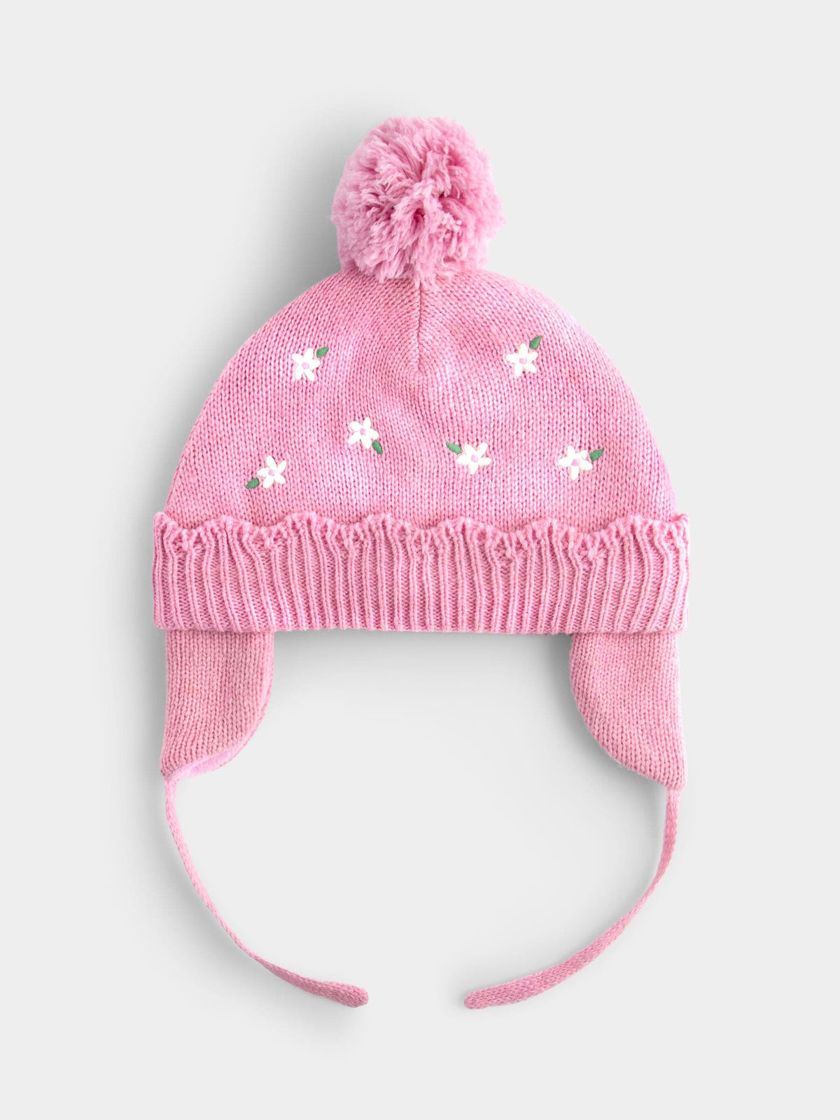JoJo Maman Bébé Pink Flower Embroidered Pom Pom Knitted Hat - image 1
