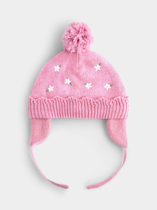 JoJo Maman Bébé Pink Flower Embroidered Pom Pom Knitted Hat - image 1