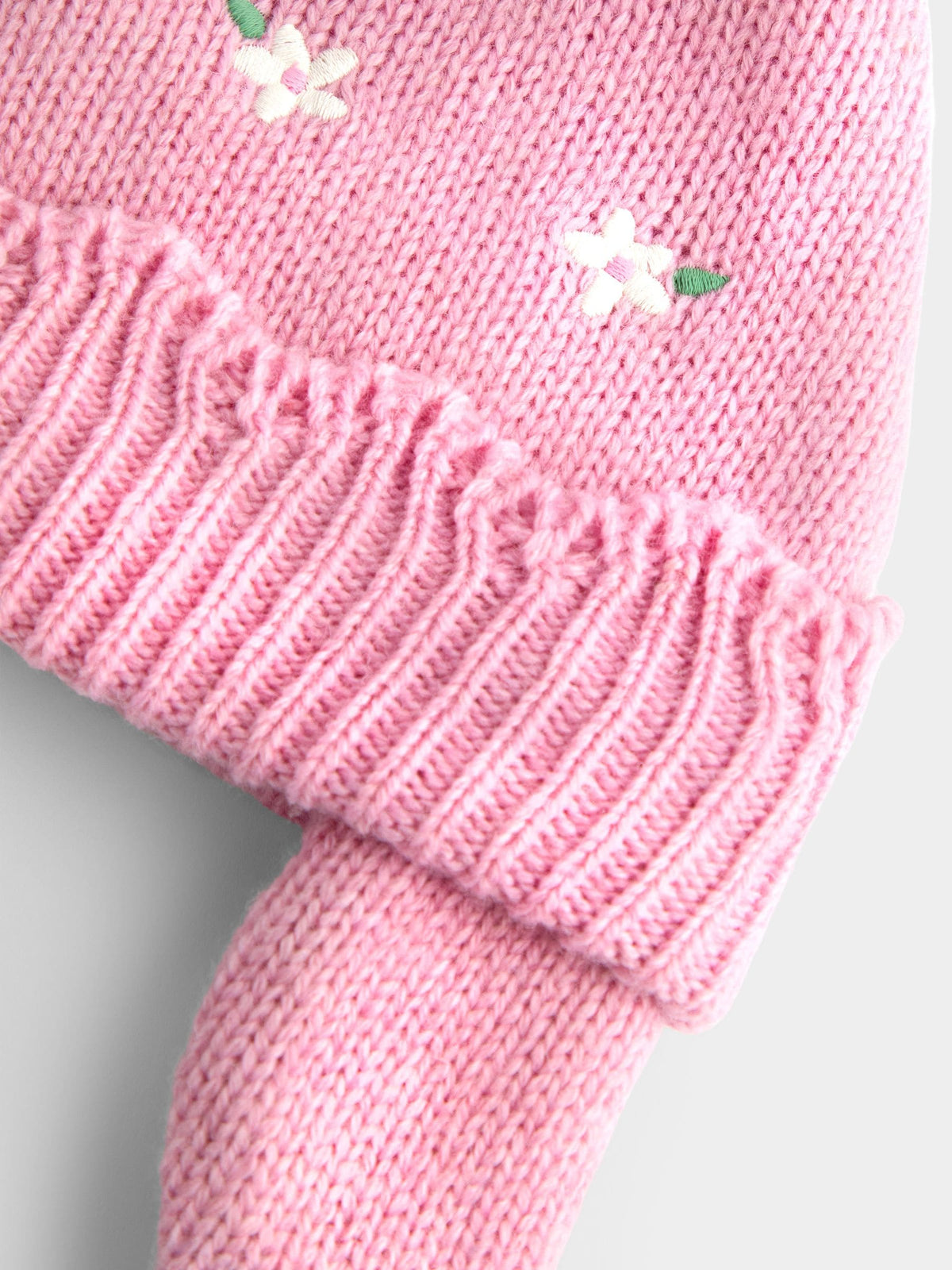 JoJo Maman Bébé Pink Flower Embroidered Pom Pom Knitted Hat - image 3