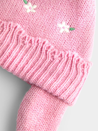 JoJo Maman Bébé Pink Flower Embroidered Pom Pom Knitted Hat - image 3