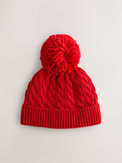 Red Bright Knitted Cable Pom Beanie