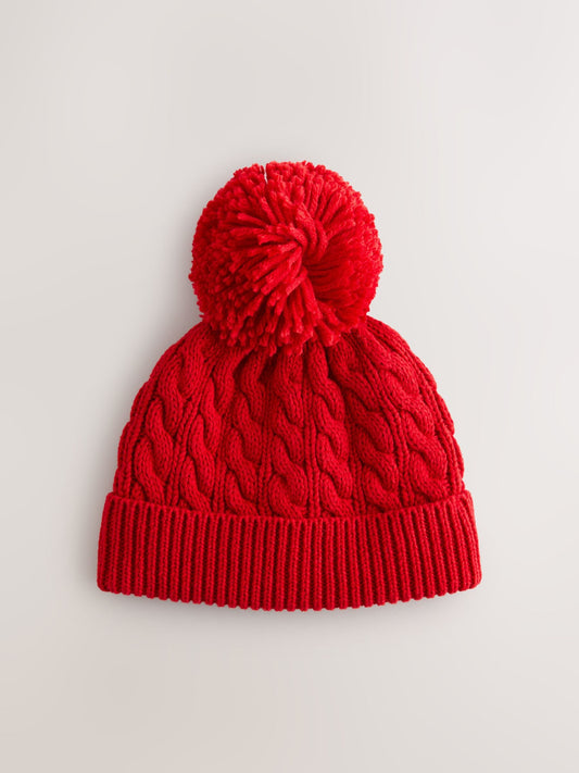 Red Bright Knitted Cable Pom Beanie image 1