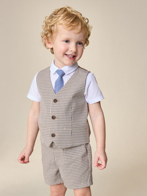 Brown Check Waistcoat, Shirt, Shorts & Tie Set (3mths-9yrs) image 1