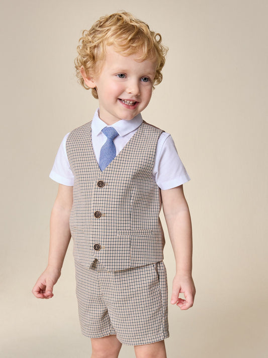 Brown Check Waistcoat, Shirt, Shorts & Tie Set (3mths-9yrs) image 1