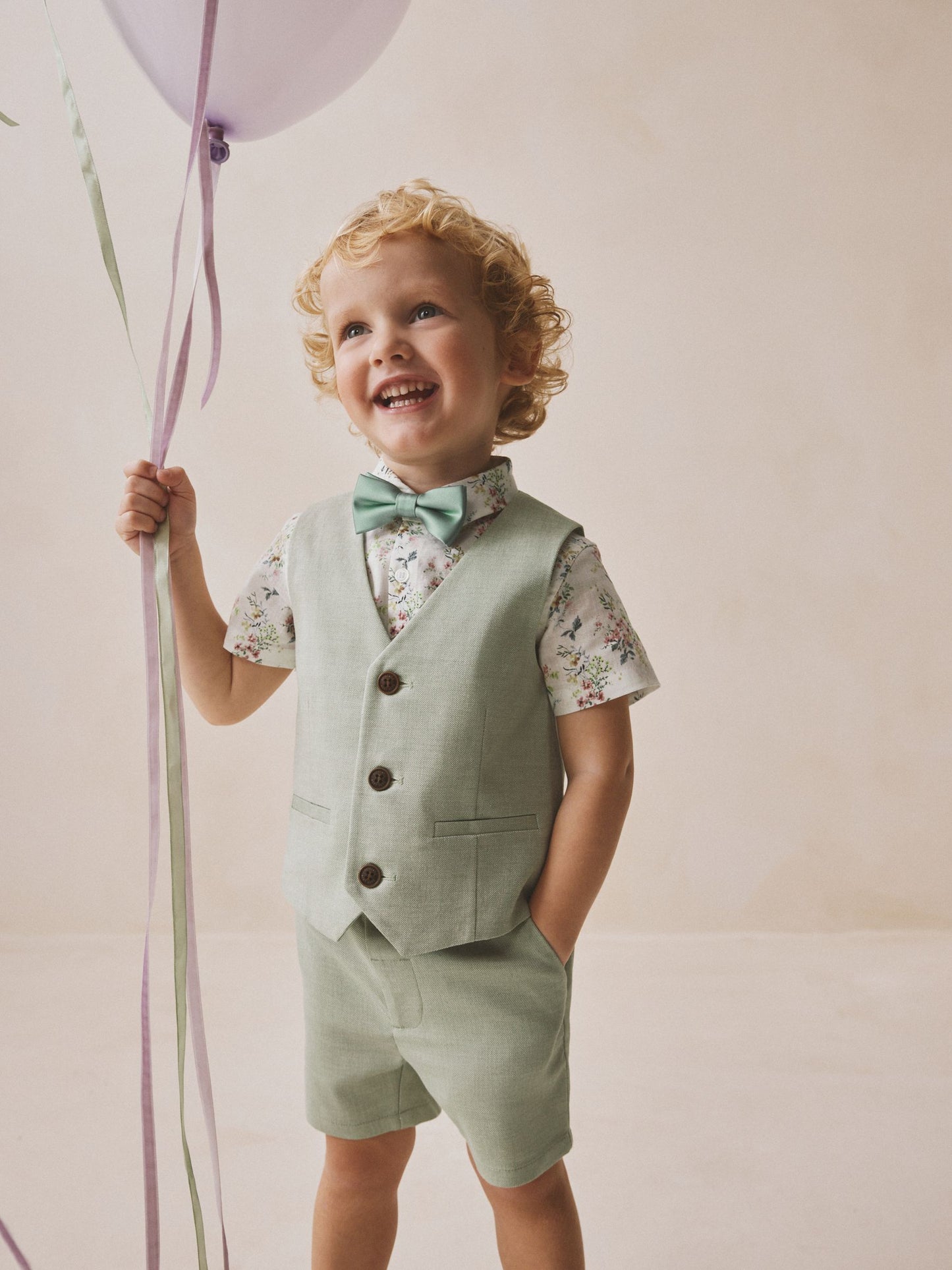 Sage Green Waistcoat, Shirt, Shorts & Tie Set (3mths-9yrs) image 1