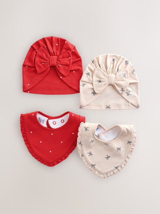 Red/Cream Baby Beanies And Dibble Bibs Set 4 Piece (0-18mths)