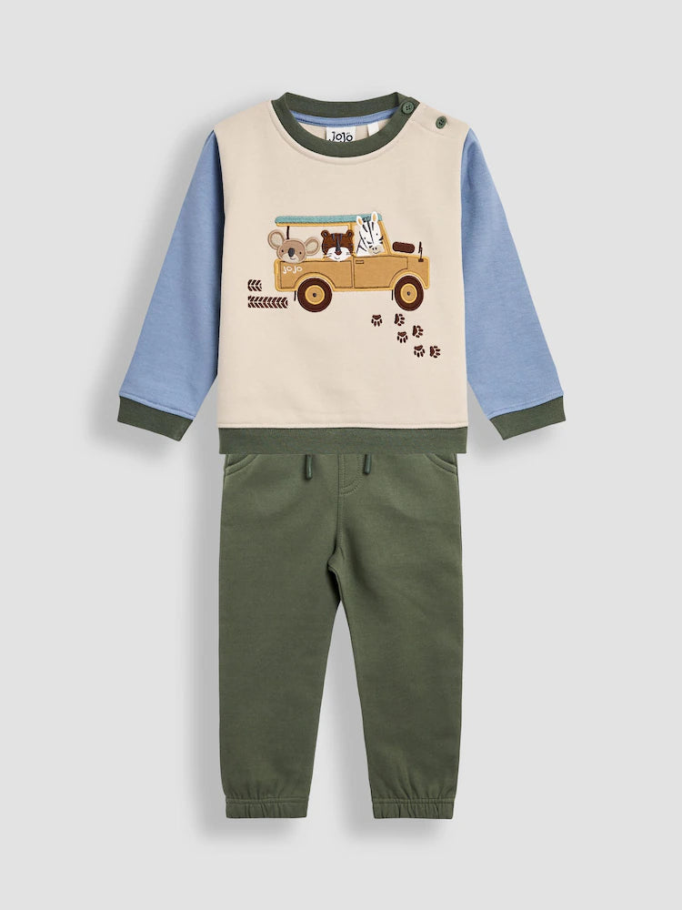 JoJo Maman Bébé Green Safari 2-Piece Appliqué Sweatshirt & Joggers Set