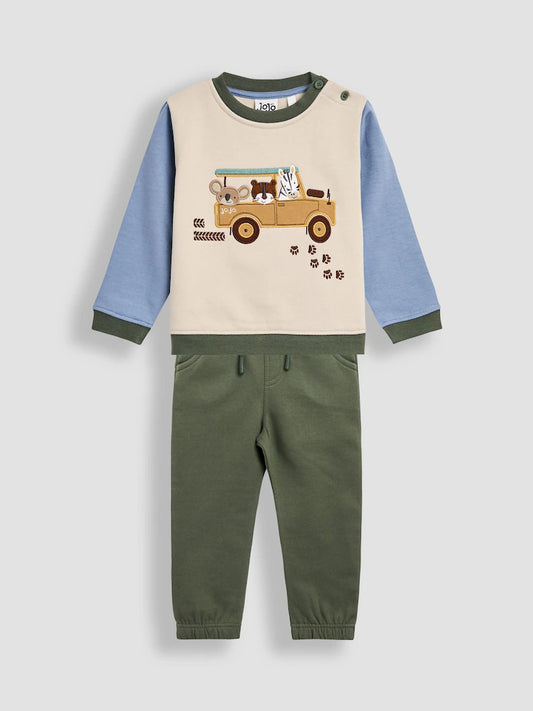 JoJo Maman Bébé Green Safari 2-Piece Appliqué Sweatshirt & Joggers Set