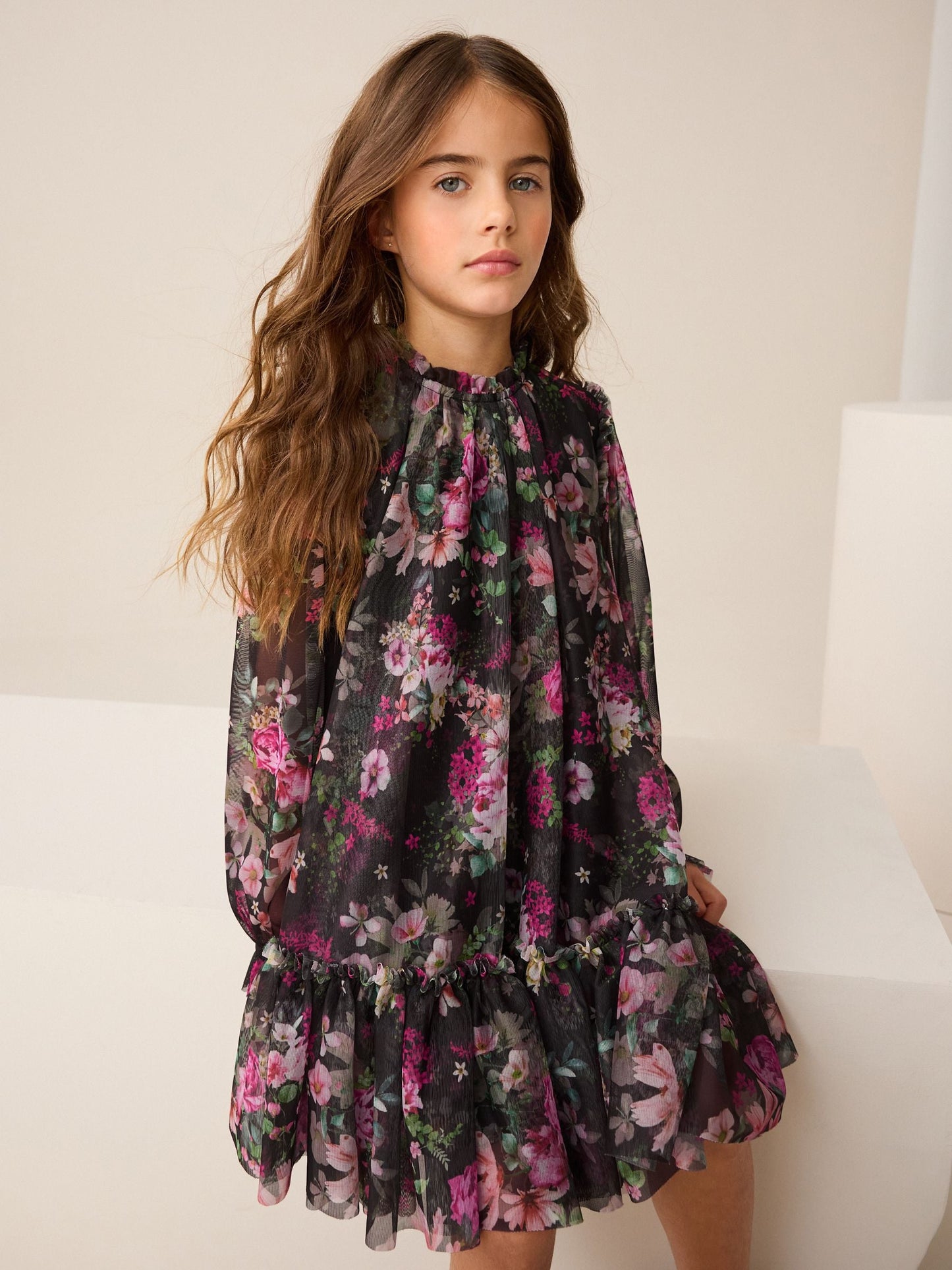 Black Floral Long Sleeve Mesh Party Dress (3-16yrs)