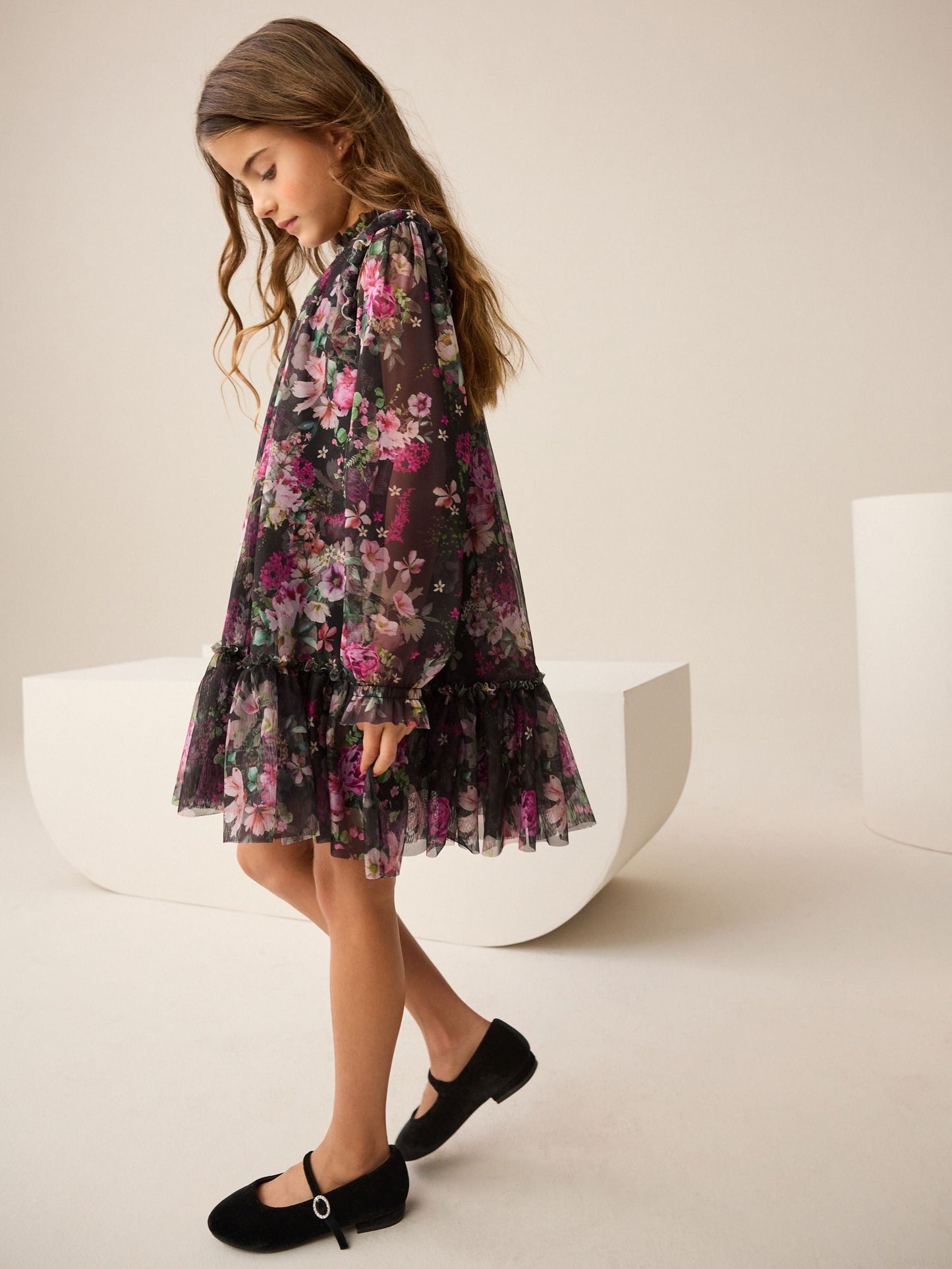 Black Floral Long Sleeve Mesh Party Dress (3-16yrs)