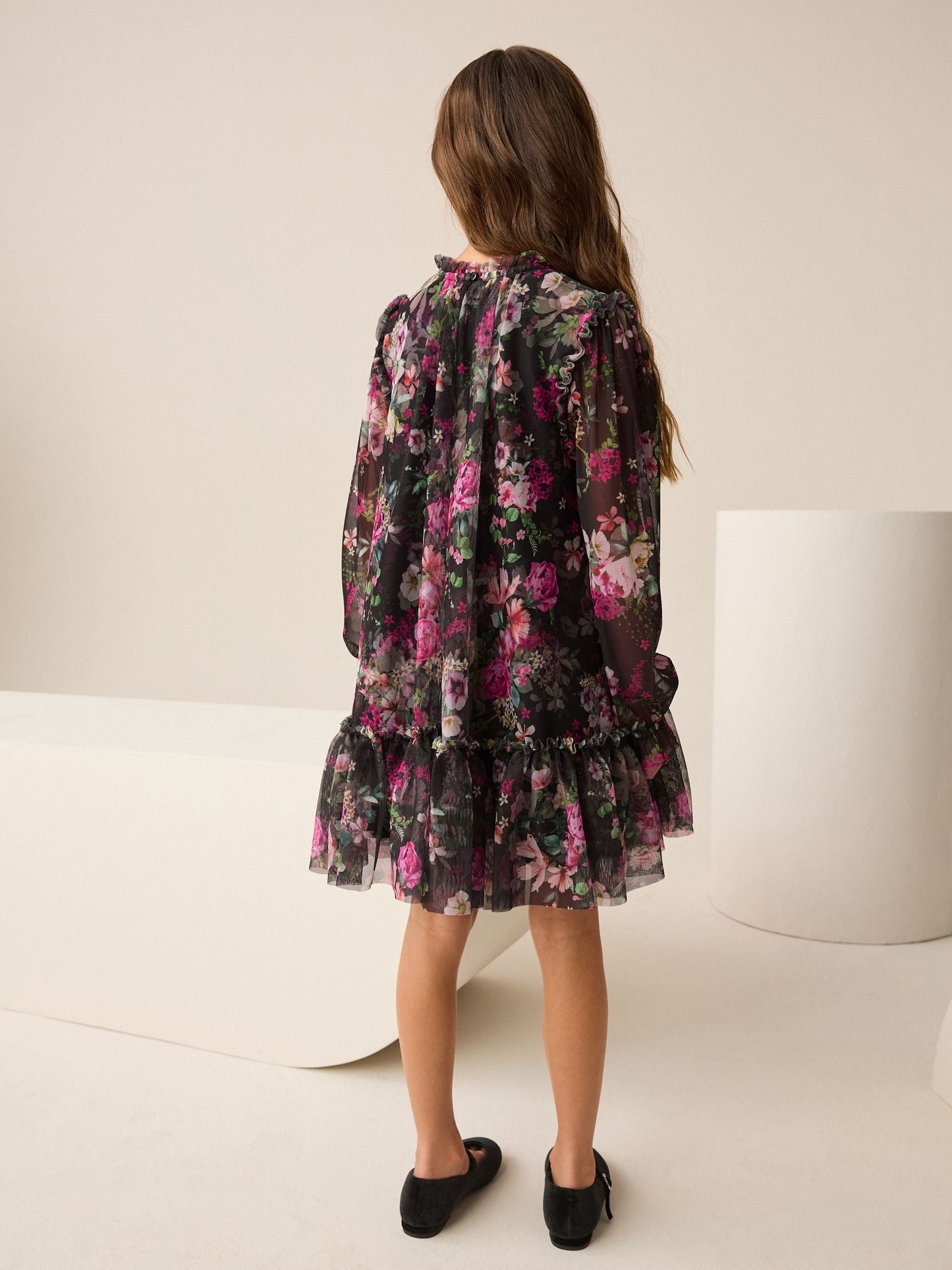 Black Floral Long Sleeve Mesh Party Dress (3-16yrs)