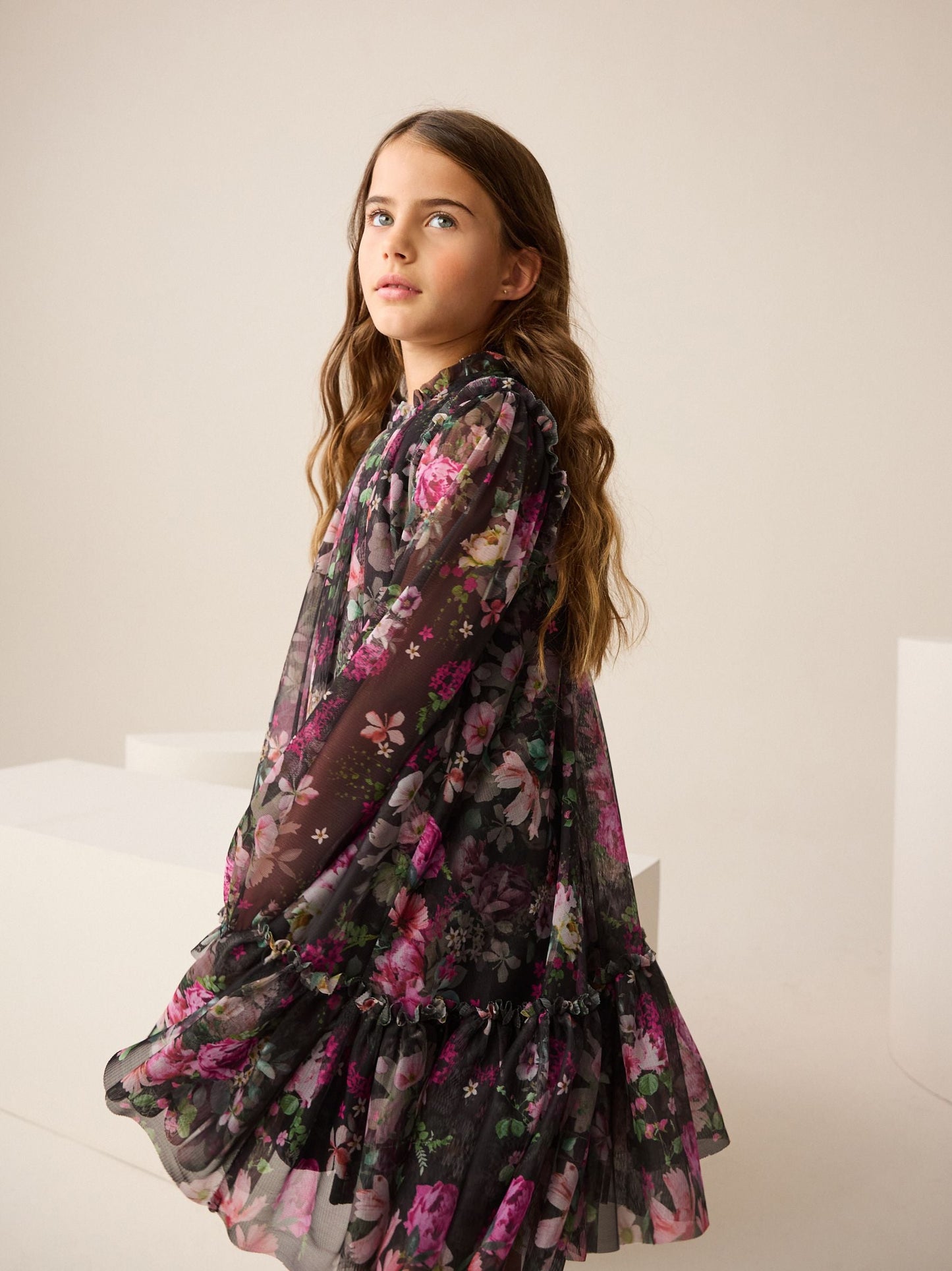 Black Floral Long Sleeve Mesh Party Dress (3-16yrs)