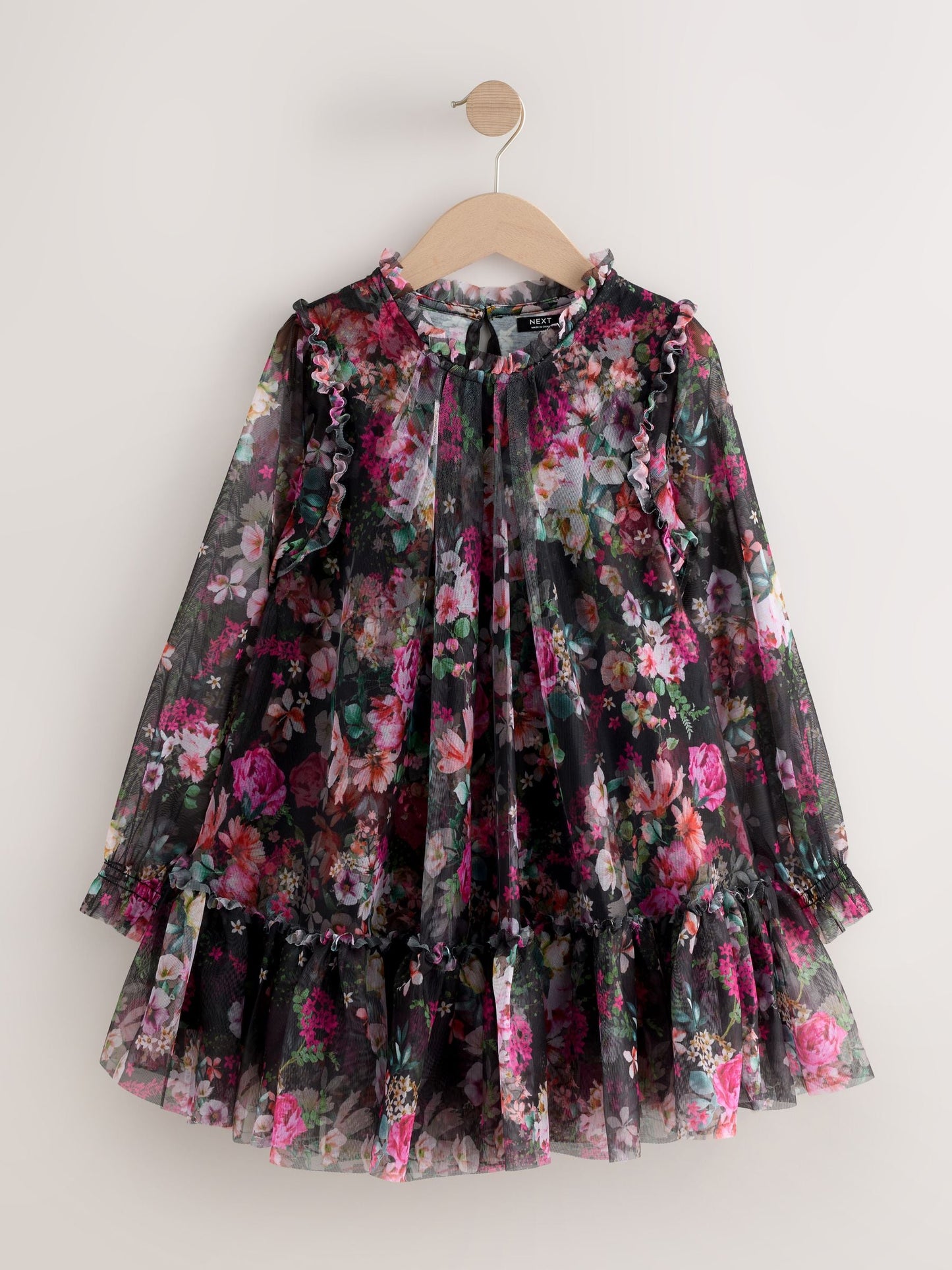 Black Floral Long Sleeve Mesh Party Dress (3-16yrs)