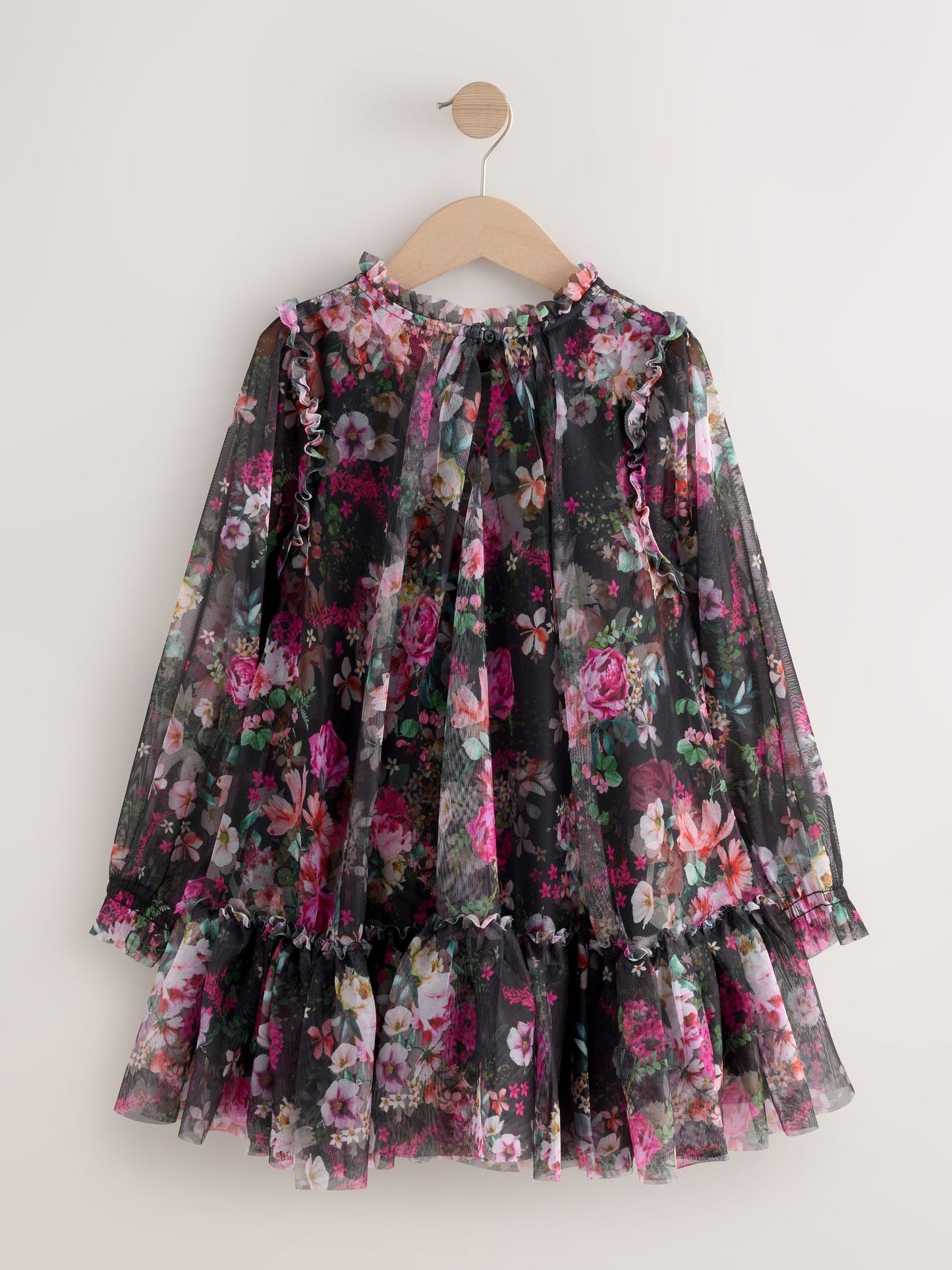 Black Floral Long Sleeve Mesh Party Dress (3-16yrs)