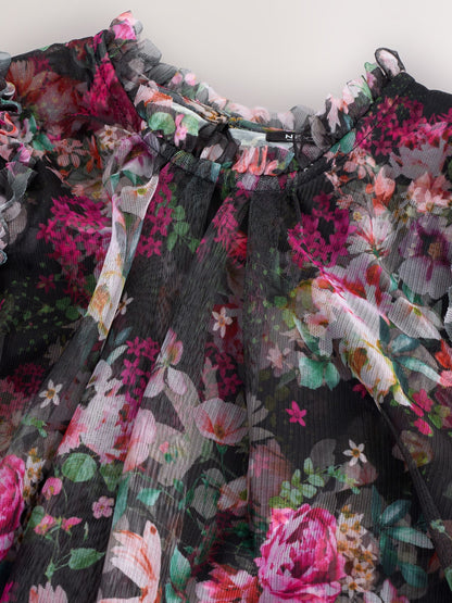 Black Floral Long Sleeve Mesh Party Dress (3-16yrs)