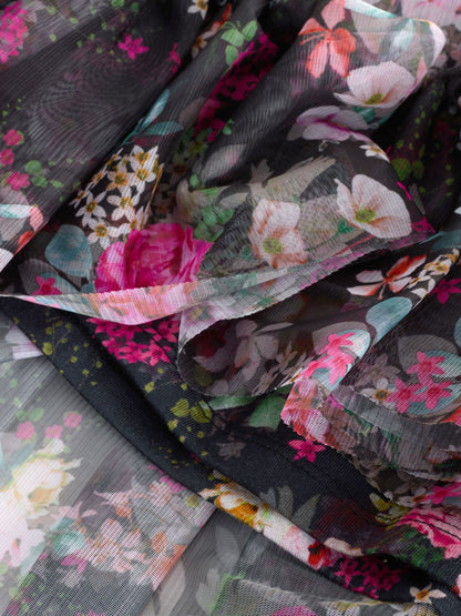 Black Floral Long Sleeve Mesh Party Dress (3-16yrs)