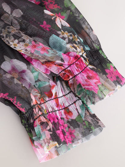 Black Floral Long Sleeve Mesh Party Dress (3-16yrs)