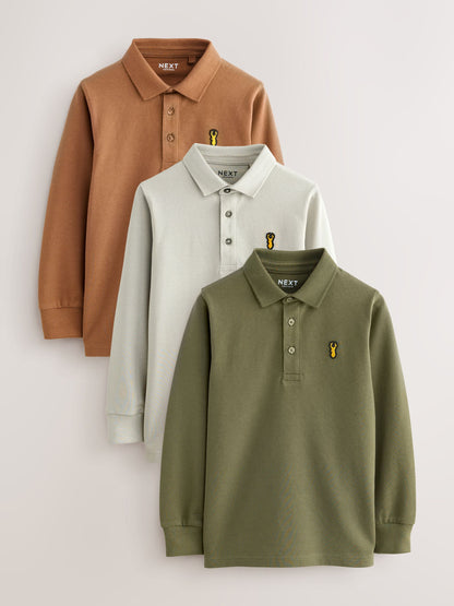 Dsiney Kidz - Khaki/Stone/Tan Long Sleeve Polo Shirts 3 Pack (3-16yrs) image 1