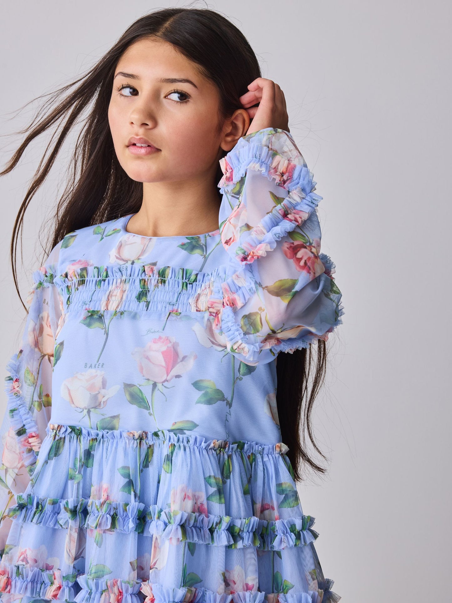 Baker by Ted Baker Blue Floral Mesh Ruffle Dress image 4