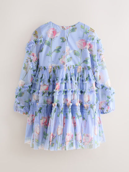 Baker by Ted Baker Blue Floral Mesh Ruffle Dress image 8
