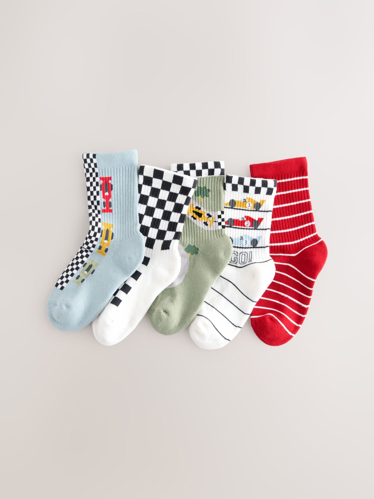 Red/White Race Cars Cushioned Footbed Cotton Rich Ribbed Socks 5 Pack image 1