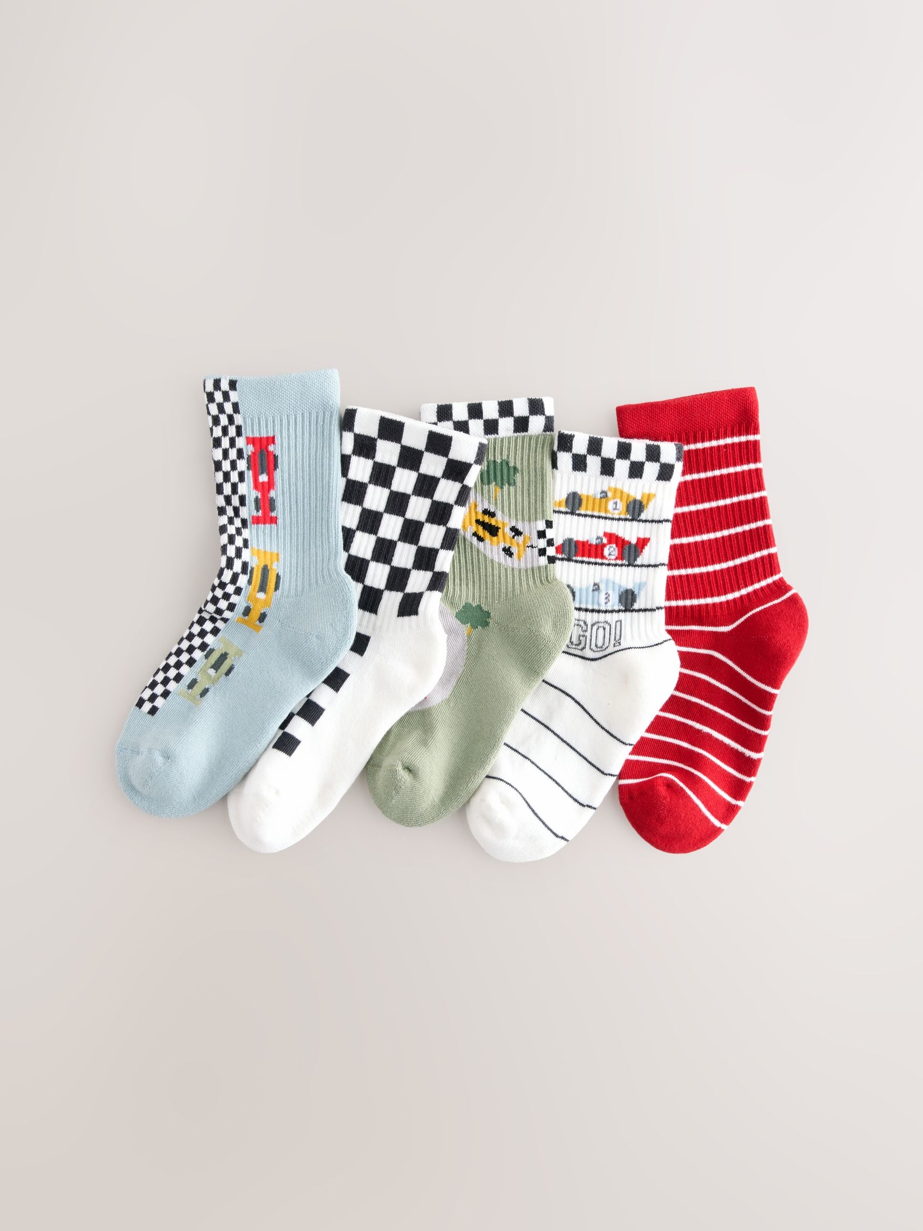Red/White Race Cars Cushioned Footbed Cotton Rich Ribbed Socks 5 Pack image 1
