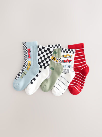 Red/White Race Cars Cushioned Footbed Cotton Rich Ribbed Socks 5 Pack image 1