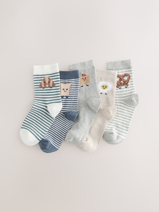 Blue/Neutral Food Characters Print Rich Socks 5 Pack image 1