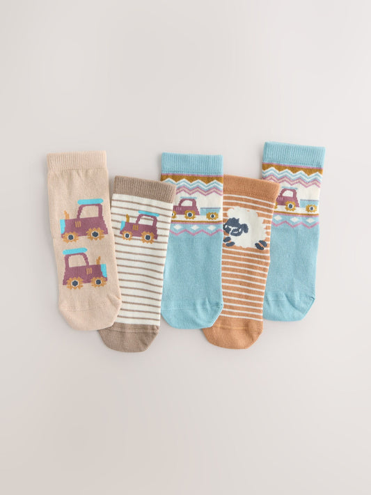 Blue/Neutral Farm Print Rich Socks 5 Pack image 1
