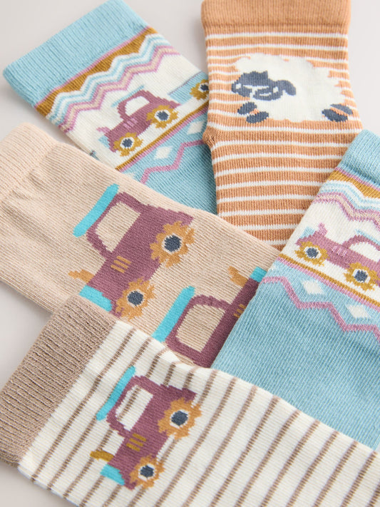 Blue/Neutral Farm Print Rich Socks 5 Pack image 3