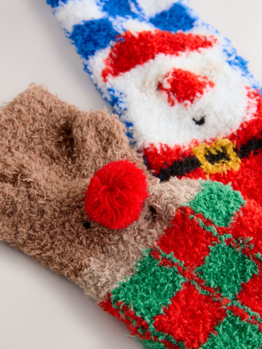 Santa/Reindeer Checkerboard Christmas Cosy Socks 2 Pack image 3