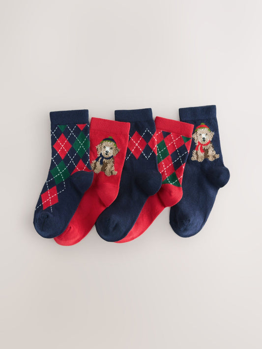 Navy Blue/Red Argyle Dog Christmas Cotton Rich Socks 5 Pack image 1