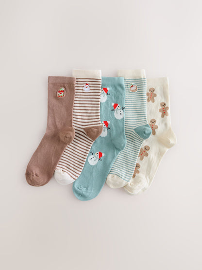Blue/Neutral Christmas Cotton Rich Socks 5 Pack image 1