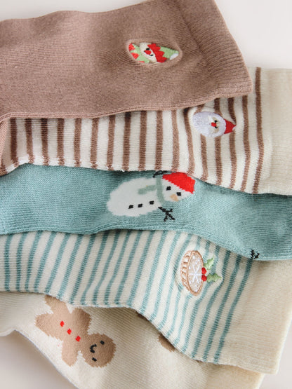 Blue/Neutral Christmas Cotton Rich Socks 5 Pack image 3