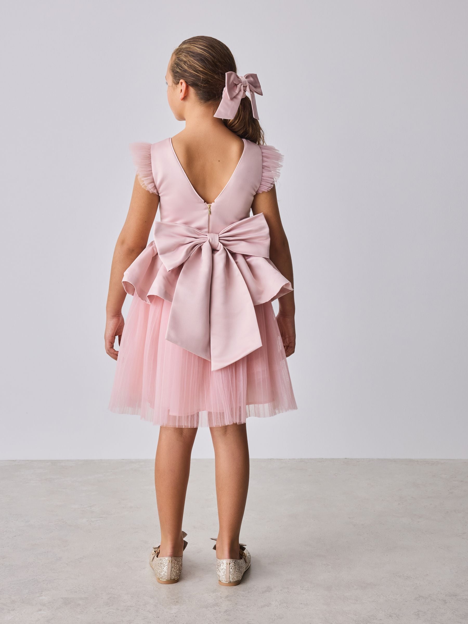 Baker by Ted Baker Satin Bow Back Peplum Tulle Occasion Dress & Scrunchie image 2