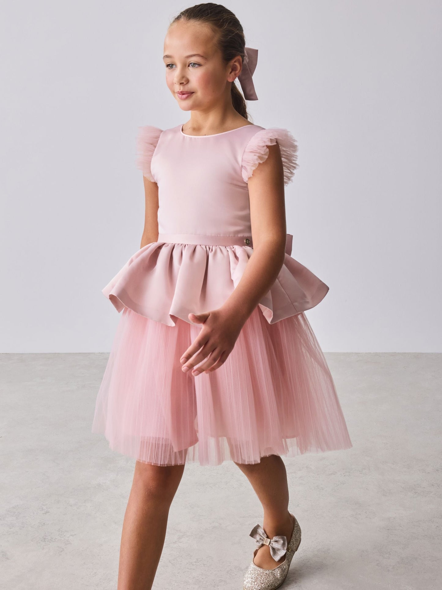 Baker by Ted Baker Satin Bow Back Peplum Tulle Occasion Dress & Scrunchie image 3