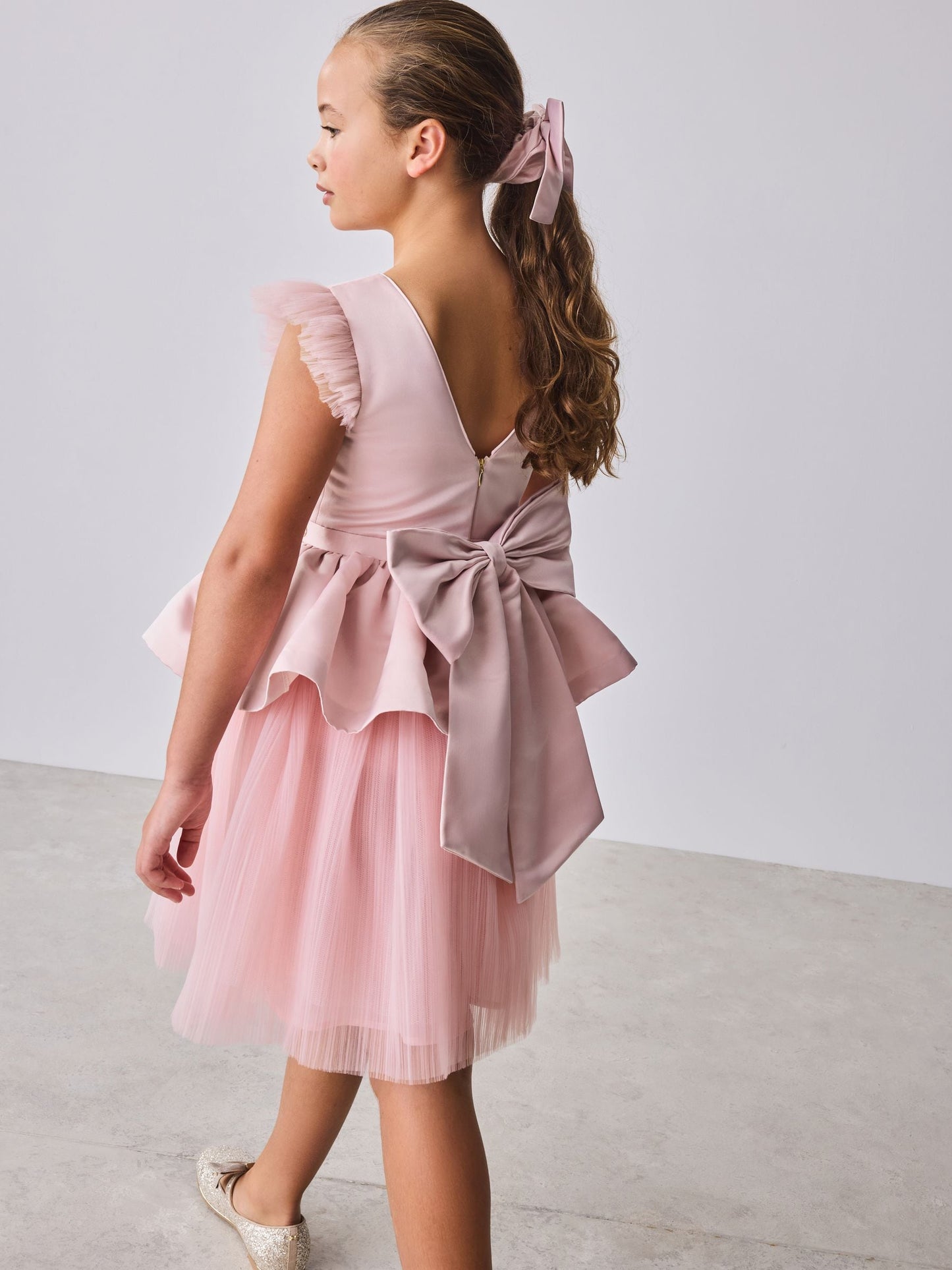 Baker by Ted Baker Satin Bow Back Peplum Tulle Occasion Dress & Scrunchie image 4