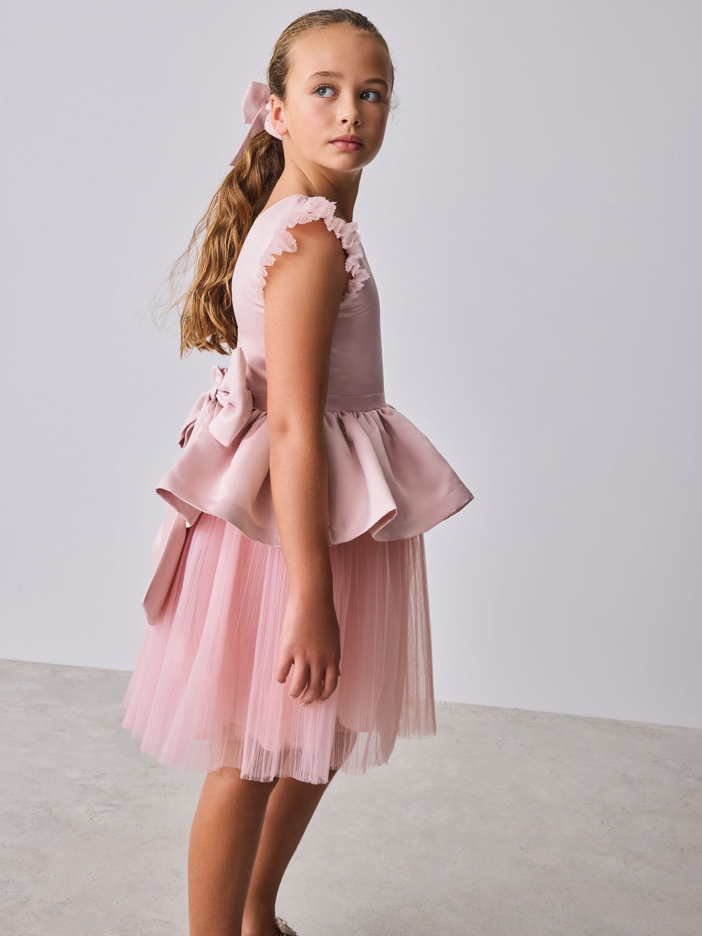 Baker by Ted Baker Satin Bow Back Peplum Tulle Occasion Dress & Scrunchie image 6