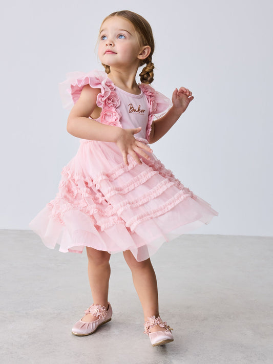 Baker by Ted Baker Pink 3D Corsage Mesh Tier Dress image 1
