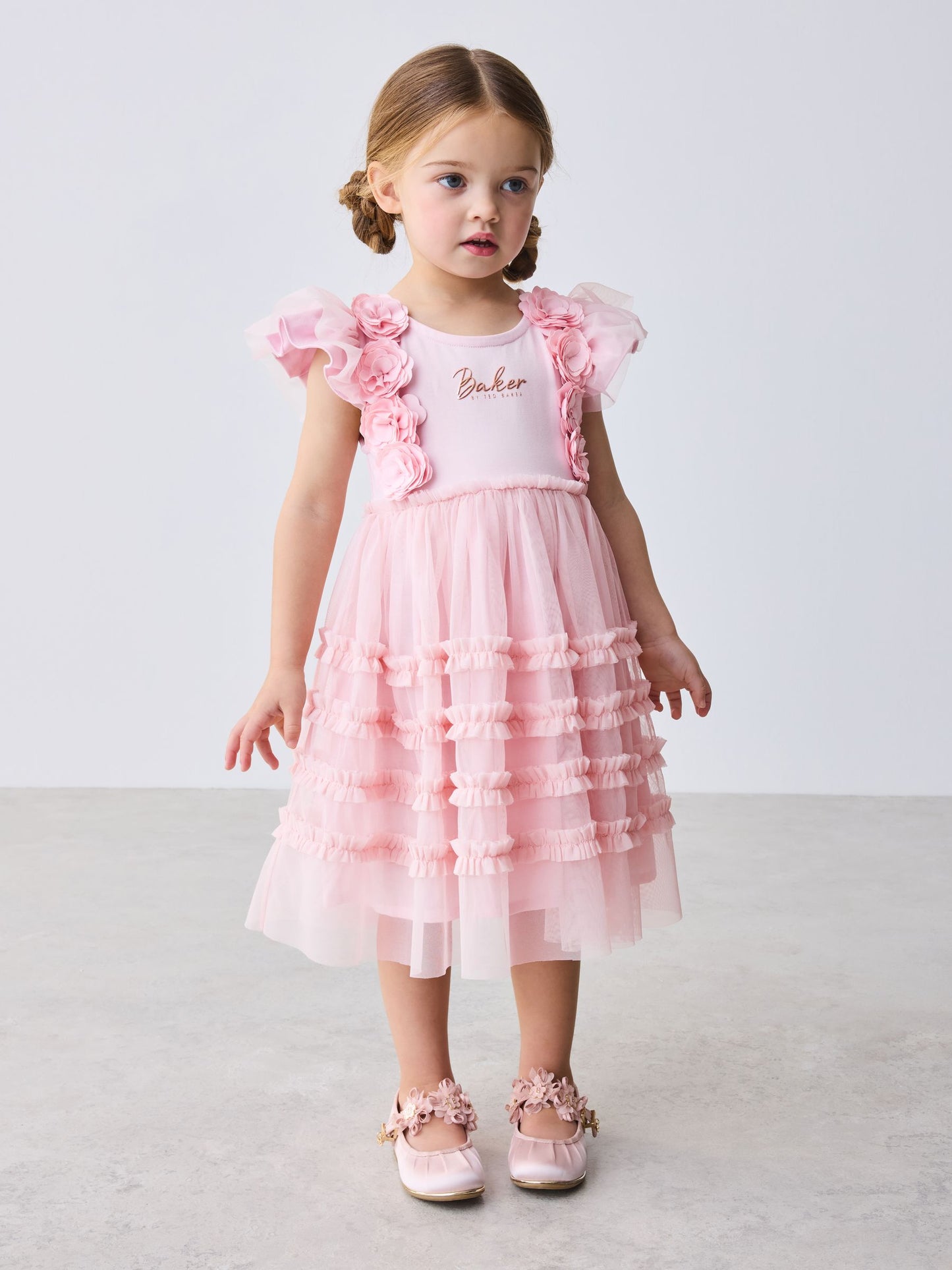 Baker by Ted Baker Pink 3D Corsage Mesh Tier Dress image 2