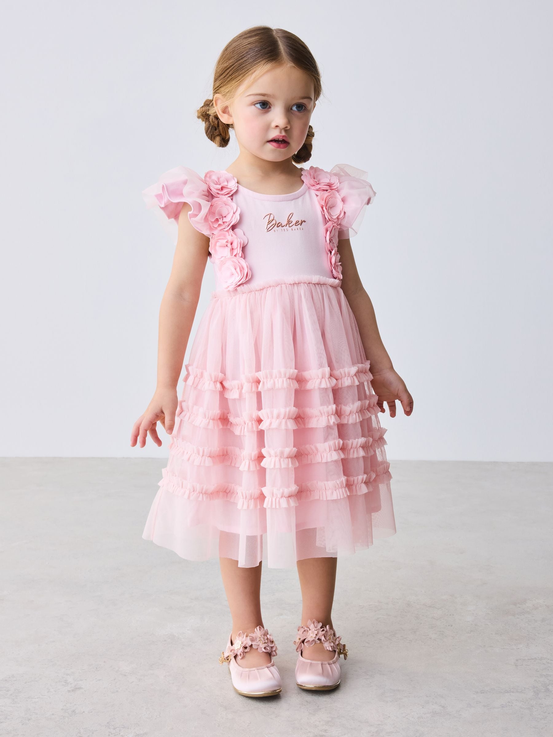 Baker by Ted Baker Pink 3D Corsage Mesh Tier Dress image 2