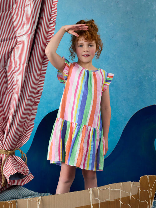 Joules Girls' Laura Multi Striped Woven Sleeveless Midi Tiered Dress image 1