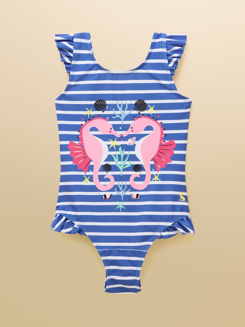 Joules Girls' Splash Blue Seahorse Swimming Costume image 1