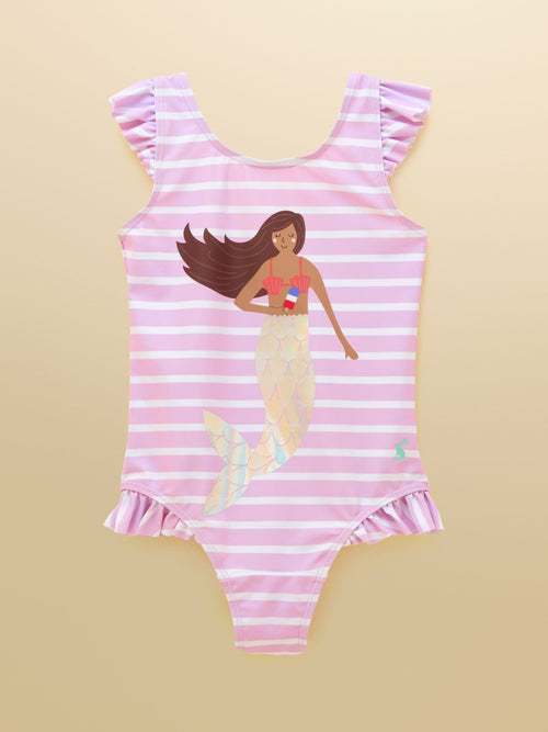 Joules Girls' Splash White & Lilac Striped Mermaid Swimming Costume image 1