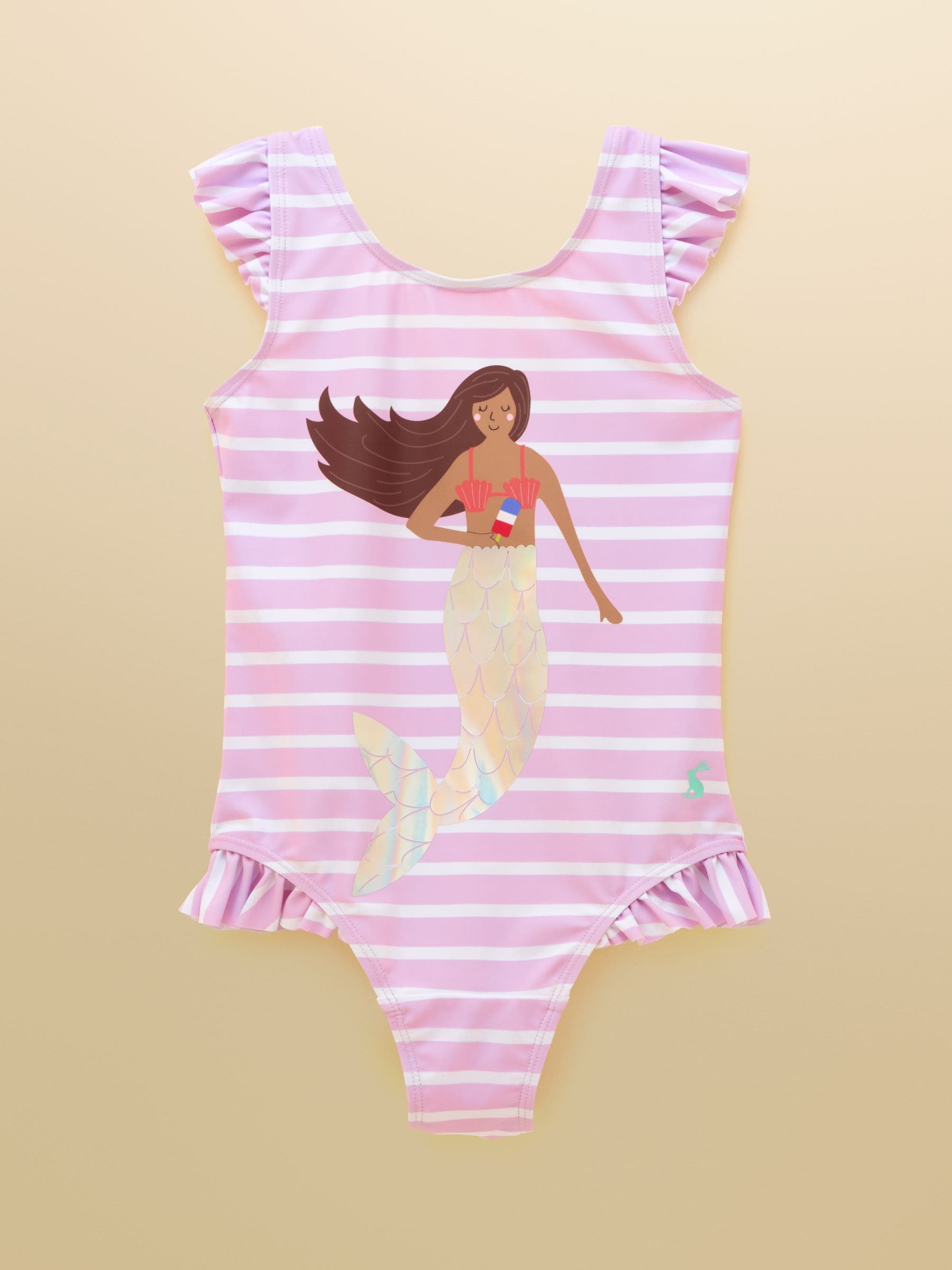 Joules Girls' Splash White & Lilac Striped Mermaid Swimming Costume image 1