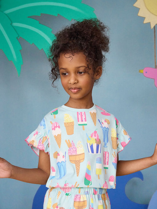 Joules Girls' Waverley Blue Ice Cream Frill Sleeve T-Shirt image 1