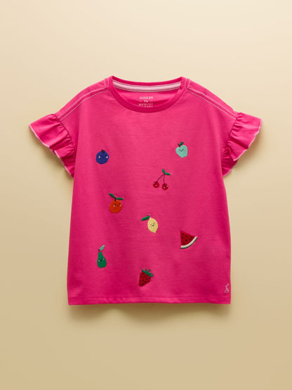 Dsiney Kidz - Joules Girls' Waverley Pink Embroidered Fruit Frill Sleeve T-Shirt image 2