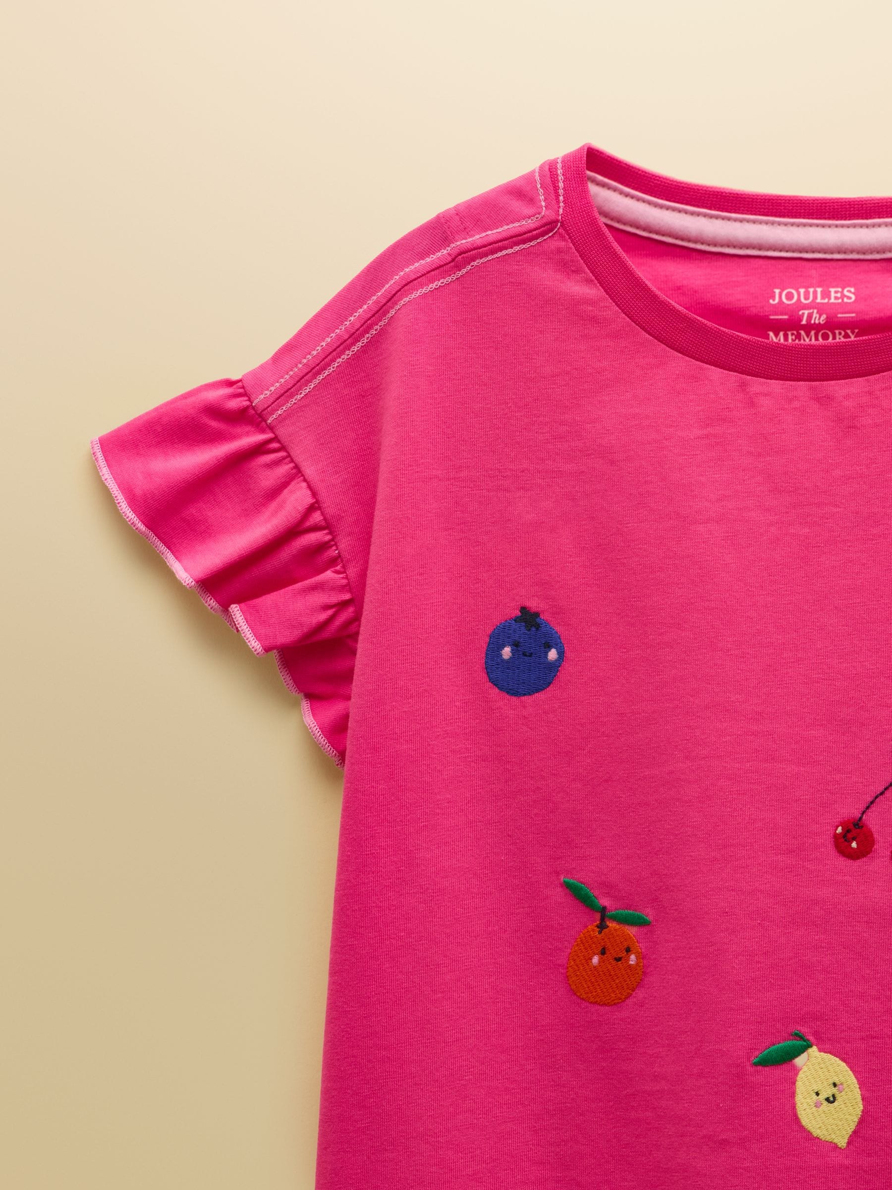 Dsiney Kidz - Joules Girls' Waverley Pink Embroidered Fruit Frill Sleeve T-Shirt image 4